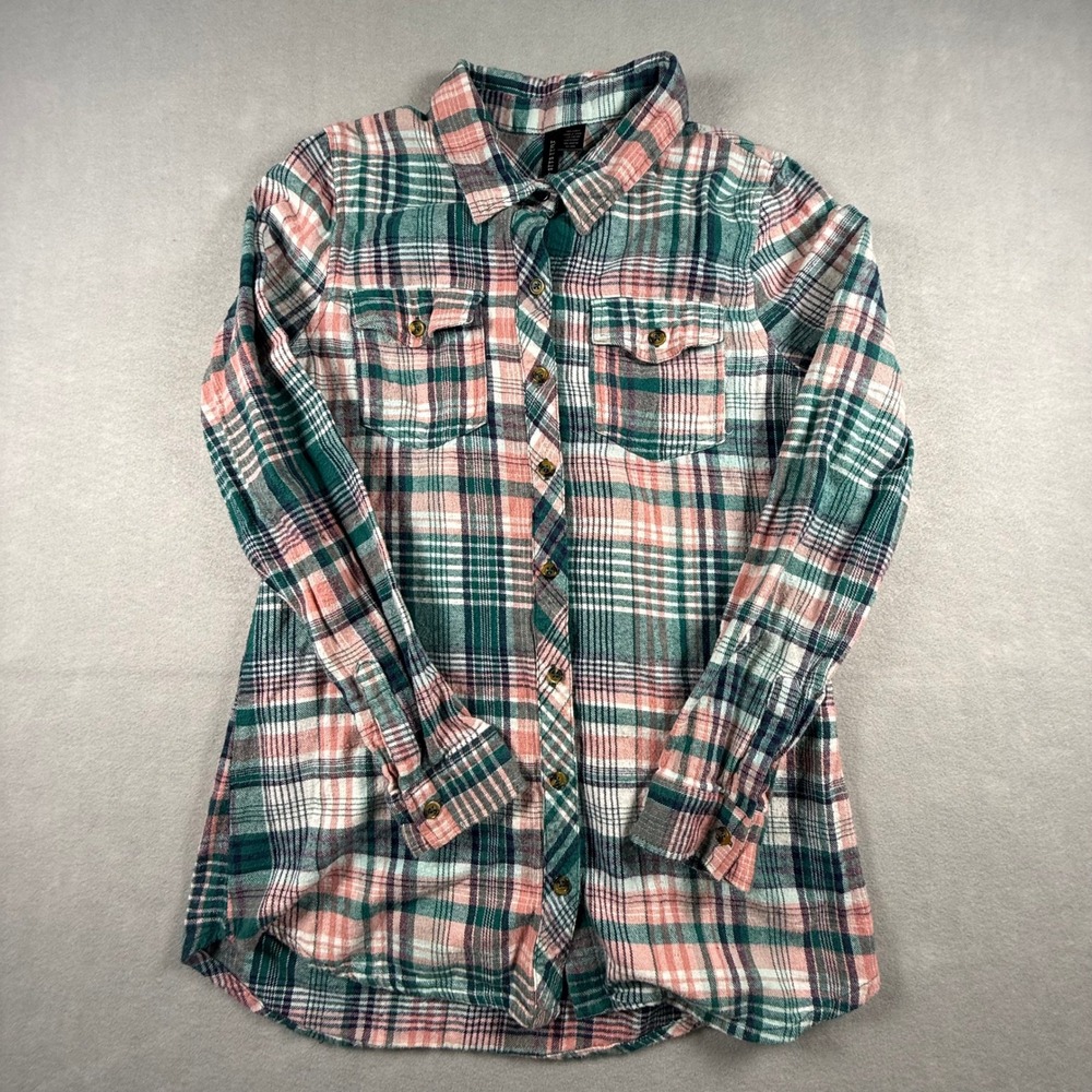 Full Tilt Womens Pink Green Plaid Flannel Button Down Shirt Size Medium Cotton
